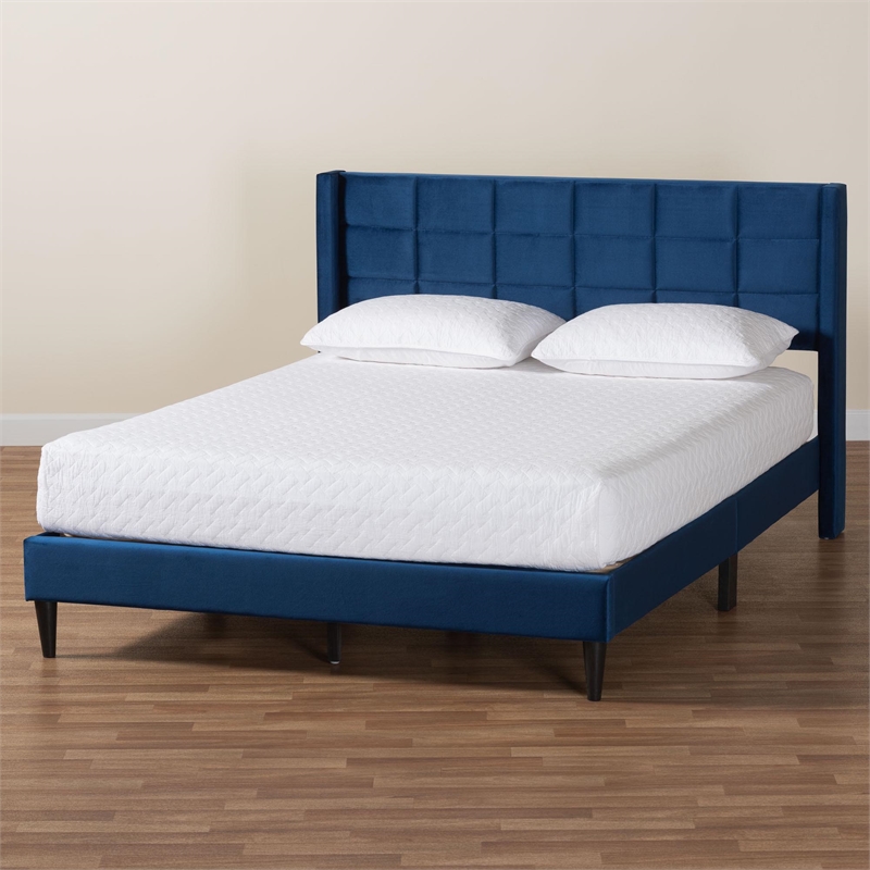 Baxton Studio Payne Modern Glam Navy Blue Velvet and Dark Brown Wood Queen Bed