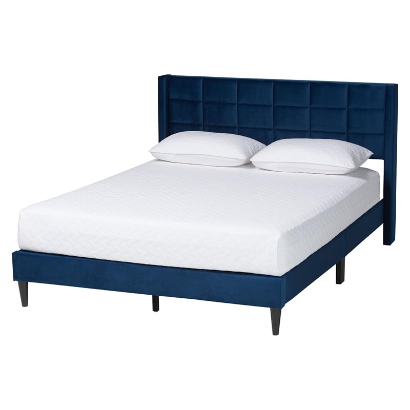 Baxton Studio Payne Modern Glam Navy Blue Velvet and Dark Brown Wood Queen Bed