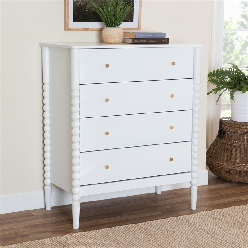 Baxton Studio Lucera Mid-Century White Bobbin Wood 4-Drawer Chest