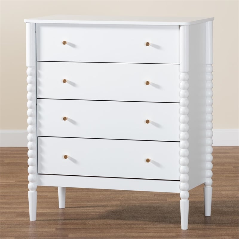 Baxton Studio Lucera Mid-Century White Bobbin Wood 4-Drawer Chest