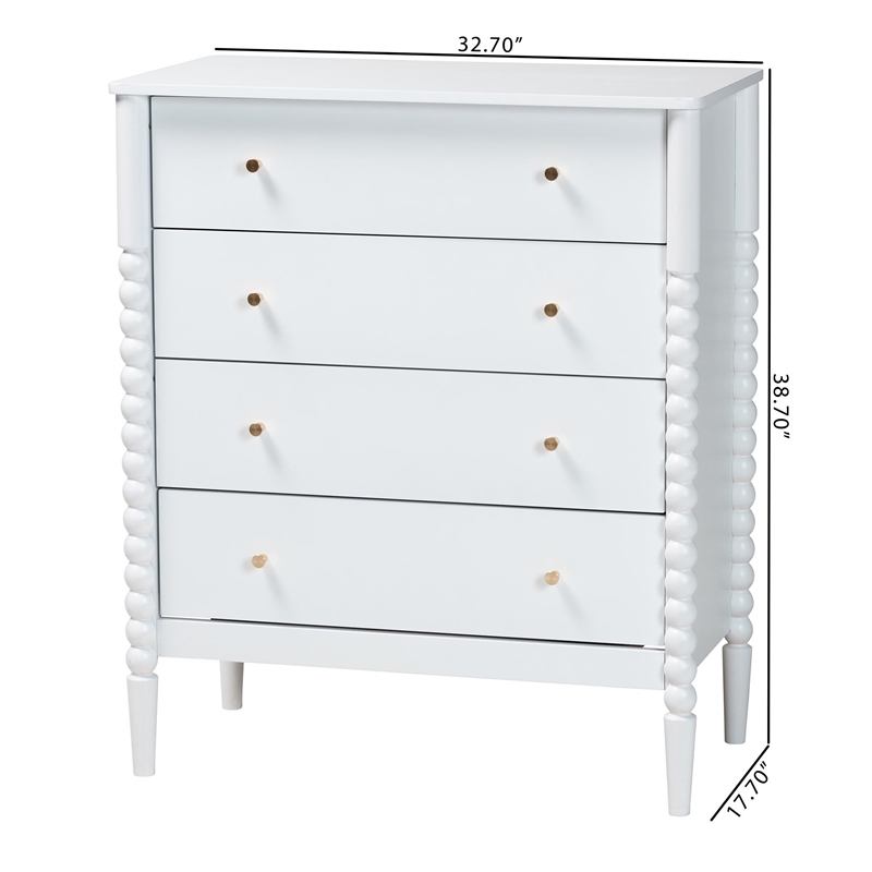 Baxton Studio Lucera Mid-Century White Bobbin Wood 4-Drawer Chest
