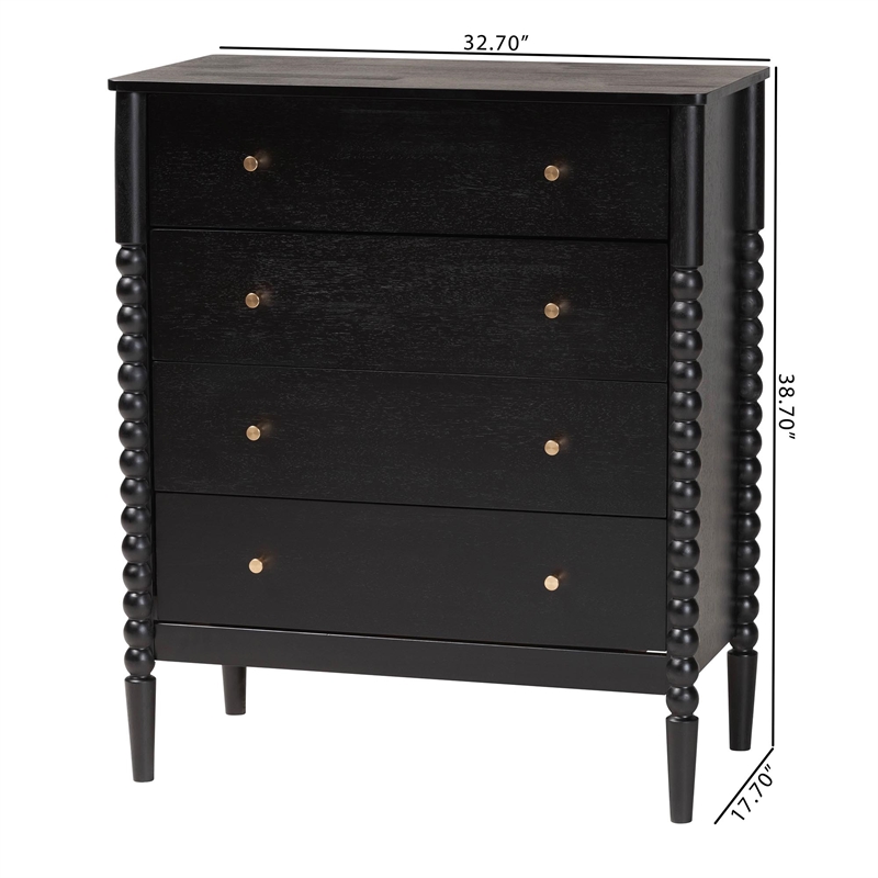 Baxton Studio Lucera Mid-Century Black Bobbin Wood 4-Drawer Chest