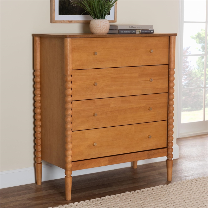 Baxton Studio Lucera Mid-Century Oak Brown Bobbin Wood 4-Drawer Chest