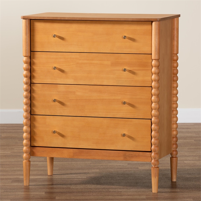Baxton Studio Lucera Mid-Century Oak Brown Bobbin Wood 4-Drawer Chest