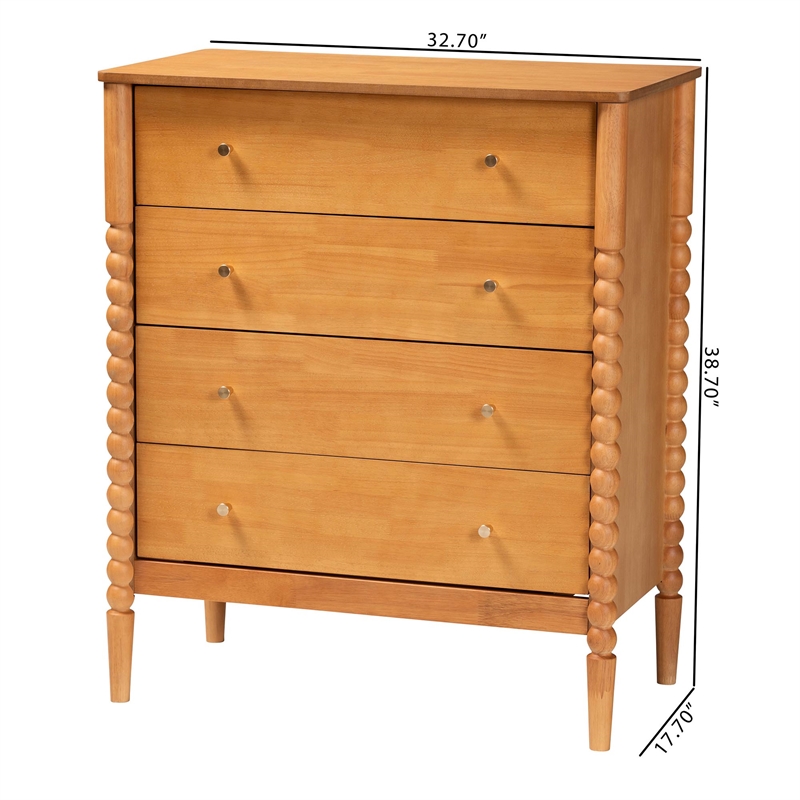 Baxton Studio Lucera Mid-Century Oak Brown Bobbin Wood 4-Drawer Chest