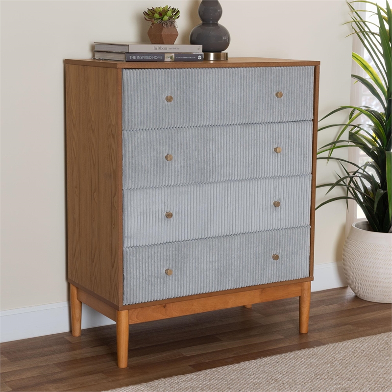 Baxton Studio Taylin Gray Corduroy and Oak Brown Wood 4-Drawer Chest