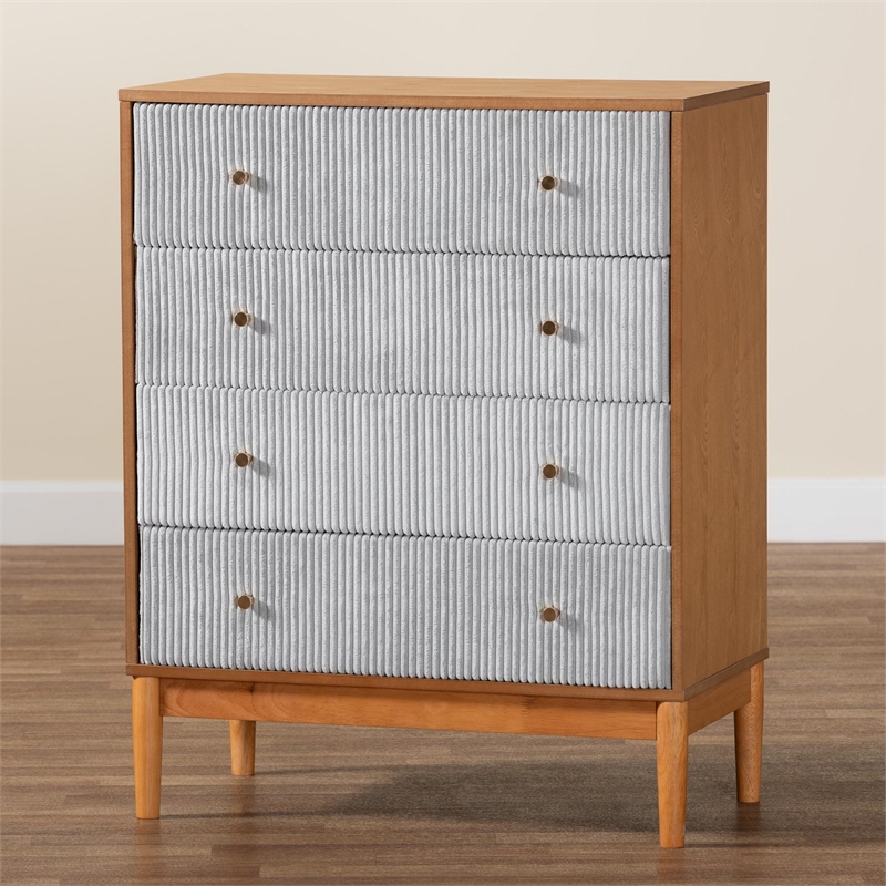 Baxton Studio Taylin Gray Corduroy and Oak Brown Wood 4-Drawer Chest