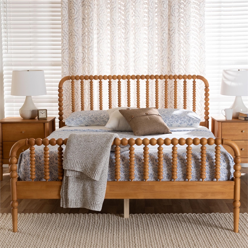 Baxton Studio Lucera Mid-Century Oak Brown Queen Size Bobbin Bed
