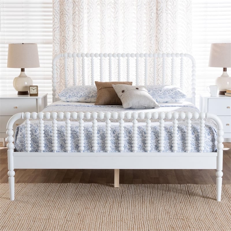 Baxton Studio Lucera Mid-Century White Queen Size Bobbin Bed
