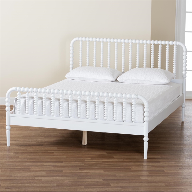 Baxton Studio Lucera Mid-Century White Queen Size Bobbin Bed
