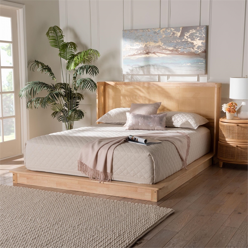 Baxton Studio Glennis Brown Wood Queen Size Platform Bed with Woven Rattan