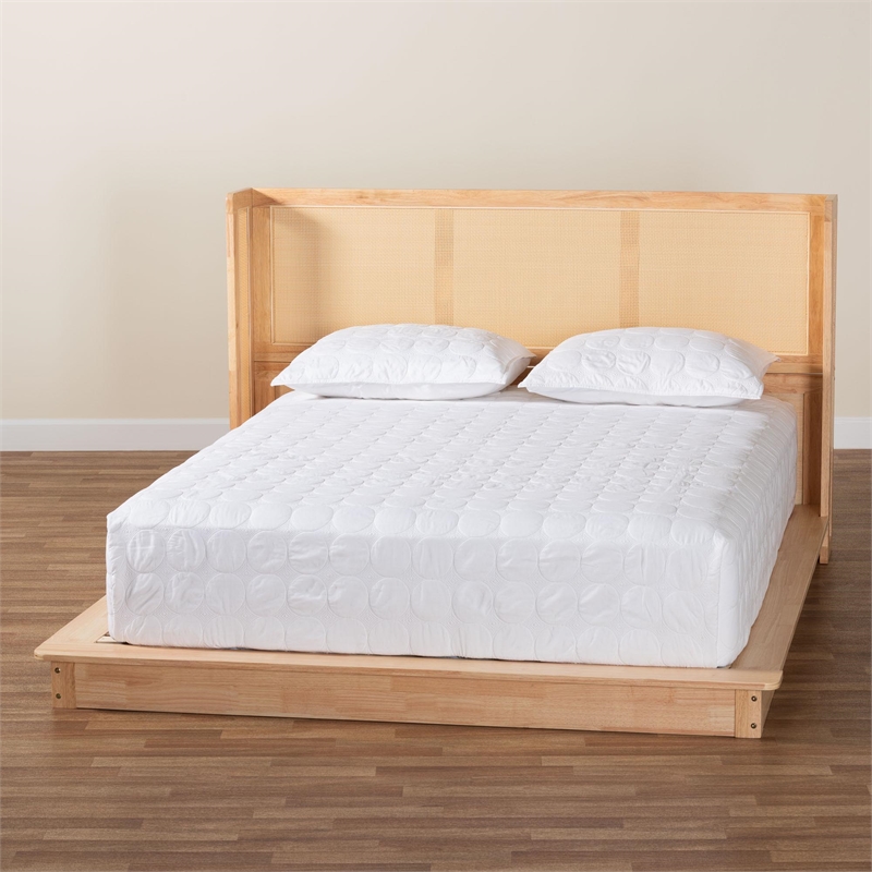 Baxton Studio Glennis Brown Wood Queen Size Platform Bed with Woven Rattan
