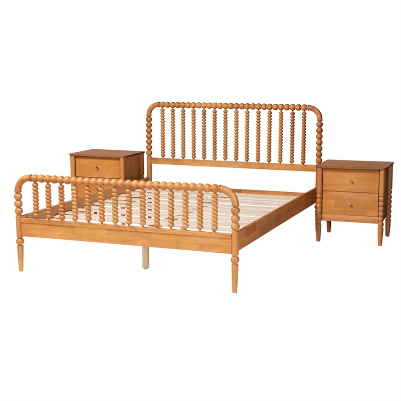 Baxton Studio Lucera Oak Brown Queen Size 3-Piece Bobbin Bedroom Set