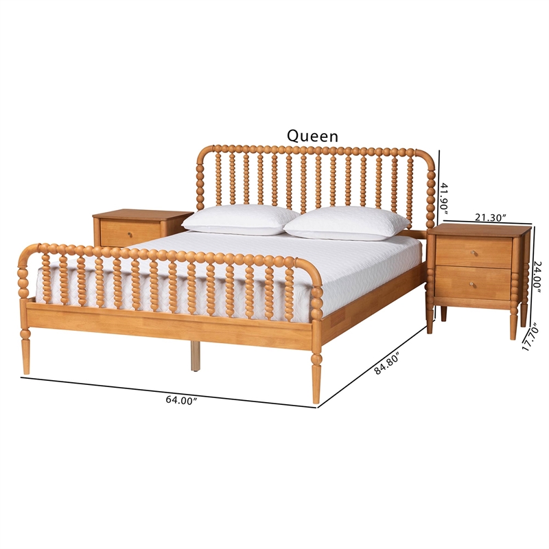 Baxton Studio Lucera Oak Brown Queen Size 3-Piece Bobbin Bedroom Set