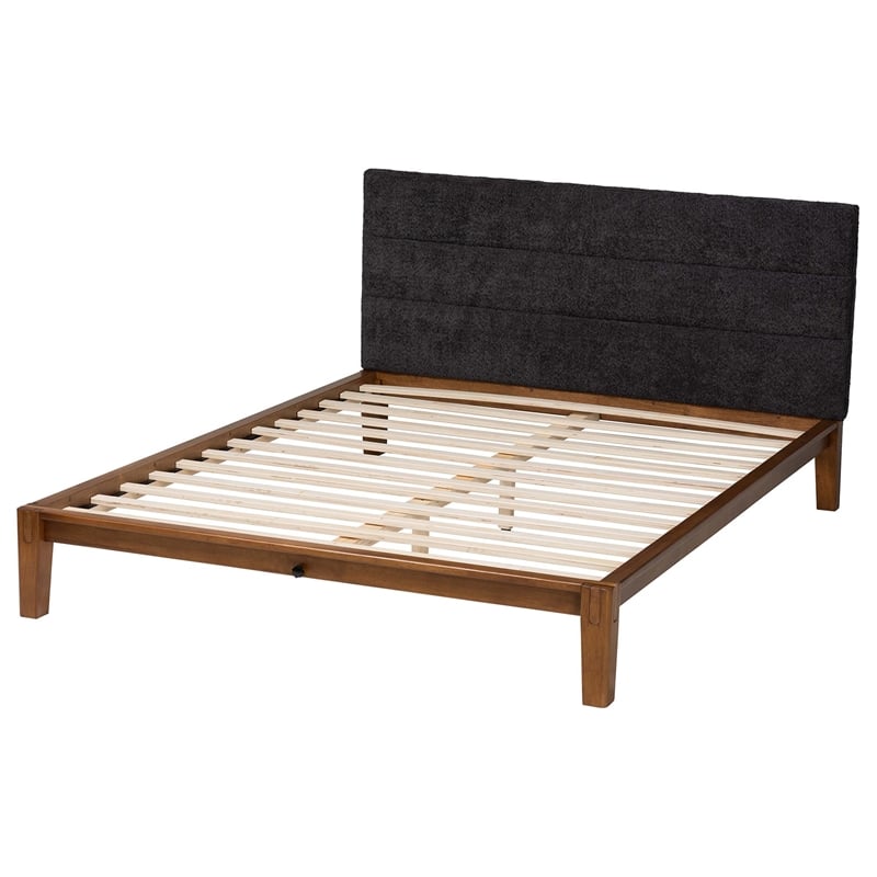 Baxton Studio Mariette Dark Gray Teddy Fabric and Walnut Brown Wood Queen Bed