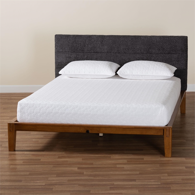 Baxton Studio Mariette Dark Gray Teddy Fabric and Walnut Brown Wood Queen Bed