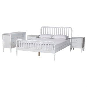 Baxton Studio Lucera Mid-Century White Full Size 4-Piece Bobbin Bedroom Set