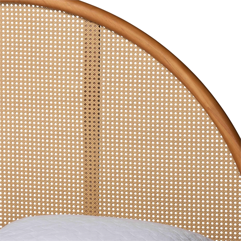 Baxton Studio Wrenley Japandi Oak Brown Wood Queen Bed with Antique Rattan