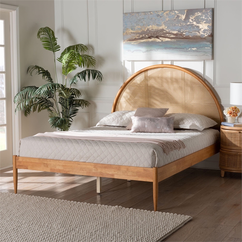 Baxton Studio Wrenley Japandi Oak Brown Wood Queen Bed with Antique Rattan