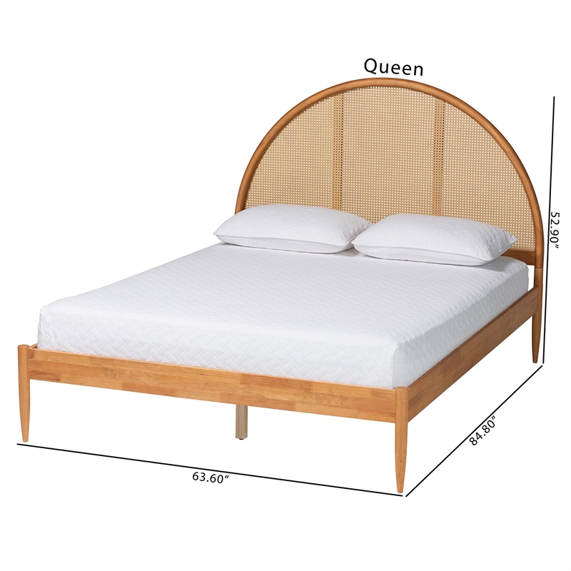 Baxton Studio Wrenley Japandi Oak Brown Wood Queen Bed with Antique Rattan