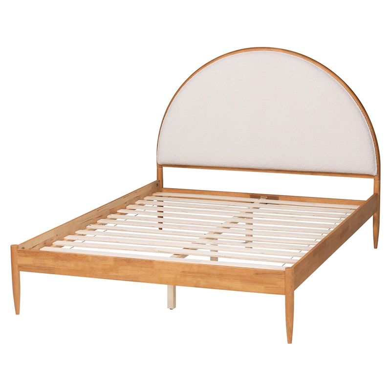Baxton Studio Dawson Japandi Cream Teddy Fabric and Oak Brown Wood Queen Bed