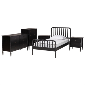 Baxton Studio Lucera Mid-Century Black Twin Size 5-Piece Bobbin Bedroom Set