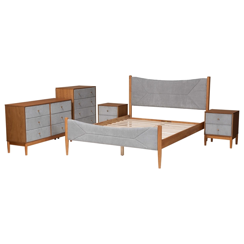 Baxton Studio Taylin Gray Corduroy and Oak Brown Wood Queen 5-Piece Bedroom Set