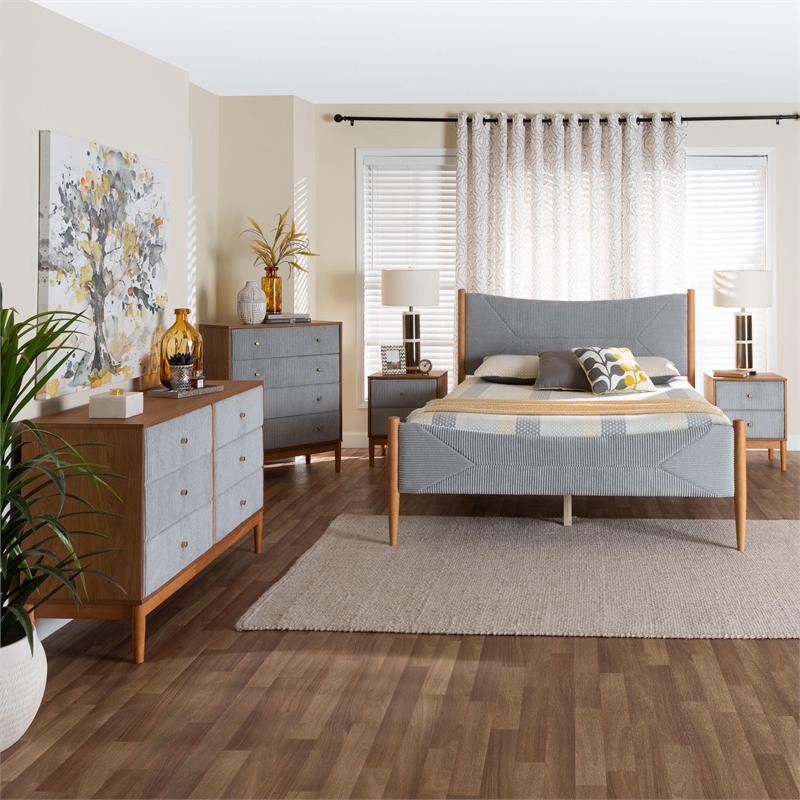 Baxton Studio Taylin Gray Corduroy and Oak Brown Wood Queen 5-Piece Bedroom Set