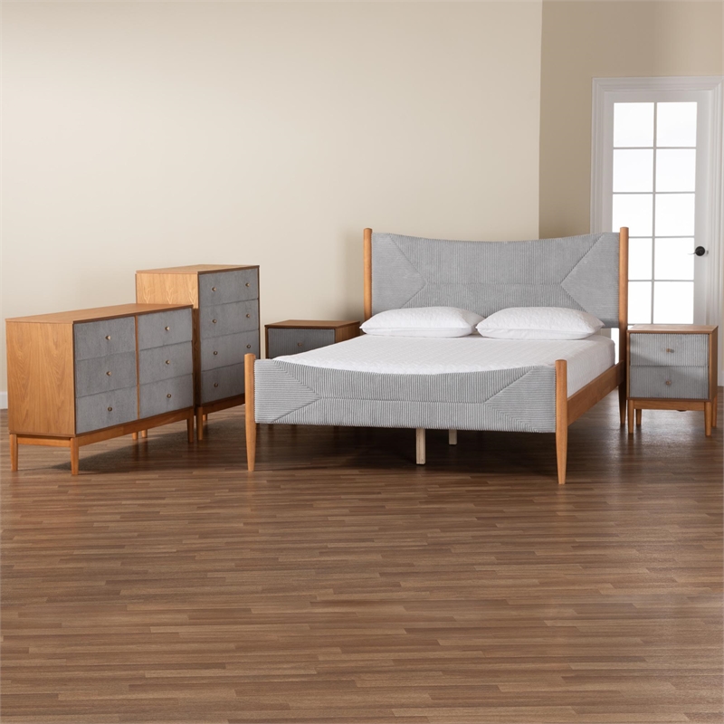 Baxton Studio Taylin Gray Corduroy and Oak Brown Wood Queen 5-Piece Bedroom Set