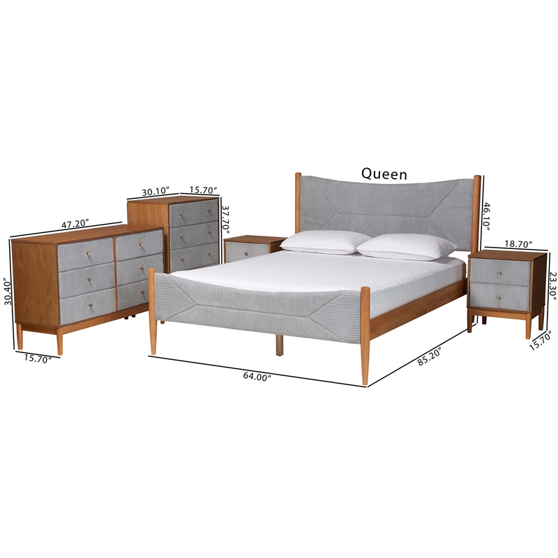 Baxton Studio Taylin Gray Corduroy and Oak Brown Wood Queen 5-Piece Bedroom Set
