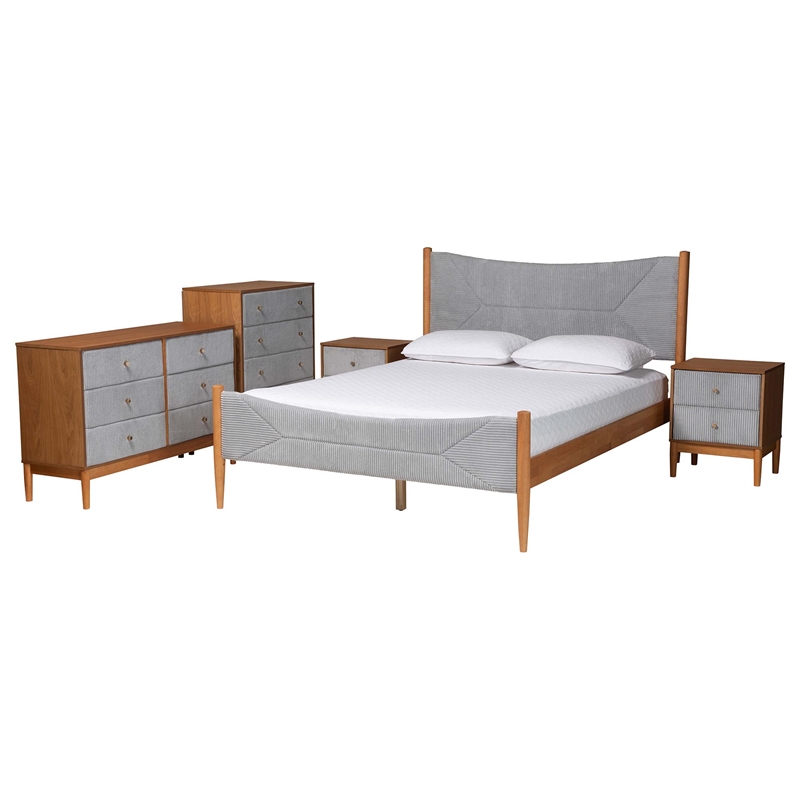 Baxton Studio Taylin Gray Corduroy and Oak Brown Wood Queen 5-Piece Bedroom Set