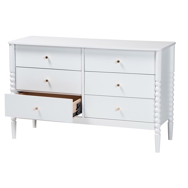 Baxton Studio Lucera Mid-Century White Bobbin Wood 6-Drawer Dresser
