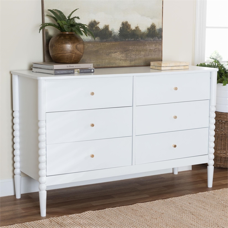 Baxton Studio Lucera Mid-Century White Bobbin Wood 6-Drawer Dresser