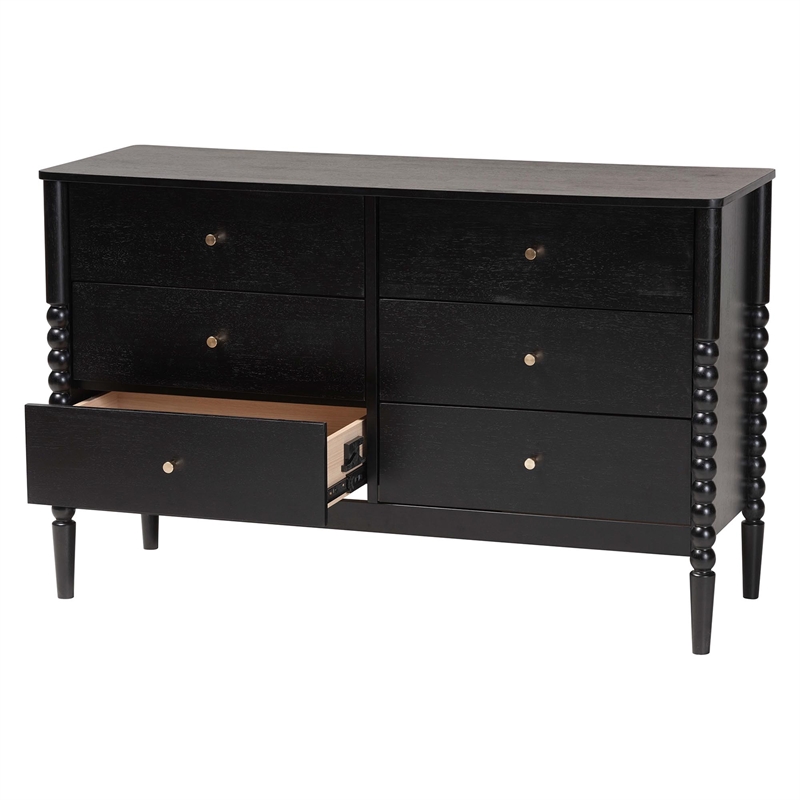 Baxton Studio Lucera Mid-Century Black Bobbin Wood 6-Drawer Dresser