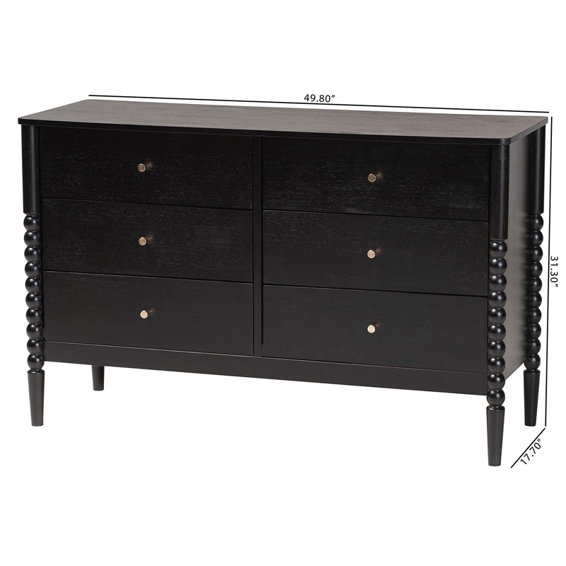 Baxton Studio Lucera Mid-Century Black Bobbin Wood 6-Drawer Dresser