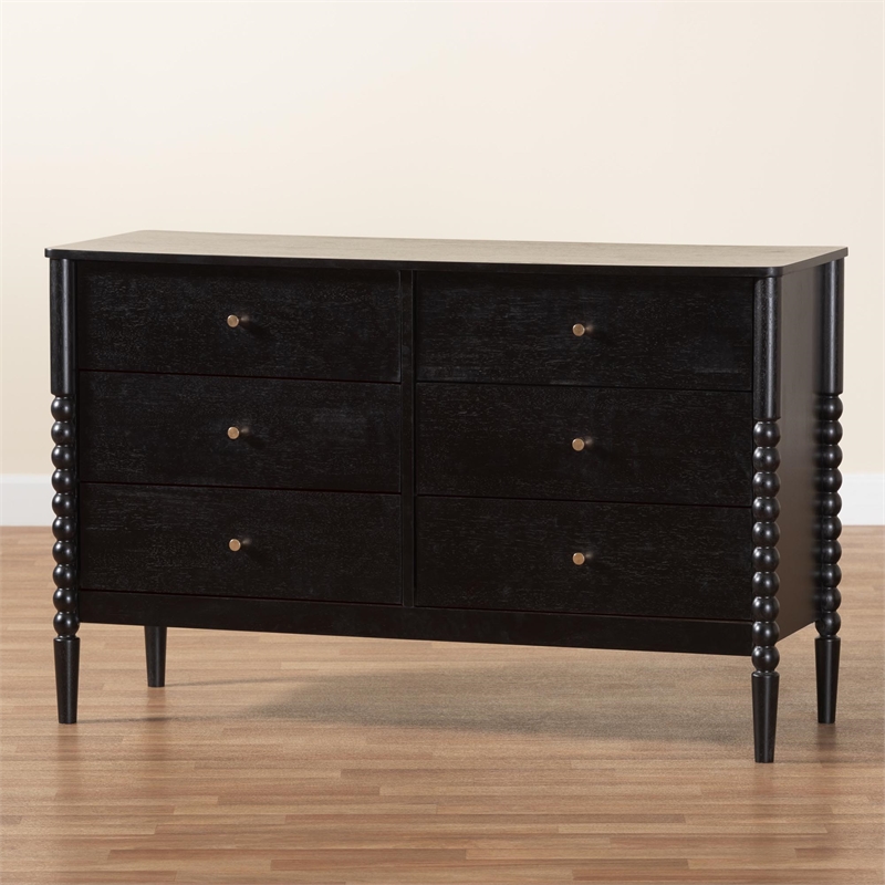 Baxton Studio Lucera Mid-Century Black Bobbin Wood 6-Drawer Dresser