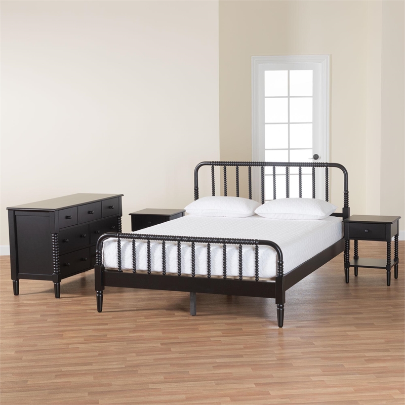 Baxton Studio Braith Farmhouse Black Spindle Wood King Size 4-Piece Bedroom Set