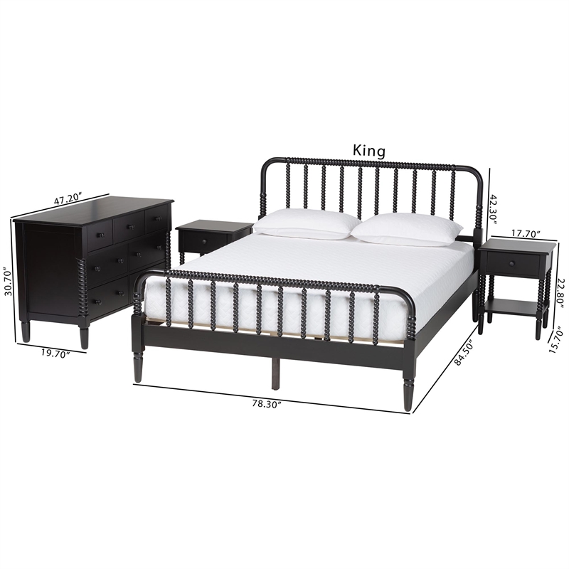 Baxton Studio Braith Farmhouse Black Spindle Wood King Size 4-Piece Bedroom Set