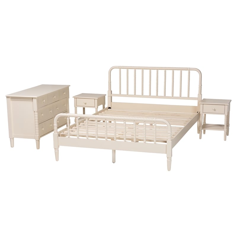 Baxton Studio Braith Farmhouse Ivory Spindle Wood King Size 4-Piece Bedroom Set