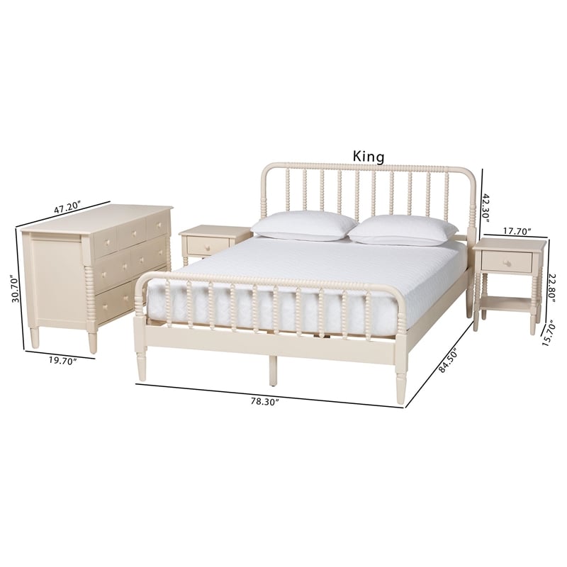 Baxton Studio Braith Farmhouse Ivory Spindle Wood King Size 4-Piece Bedroom Set