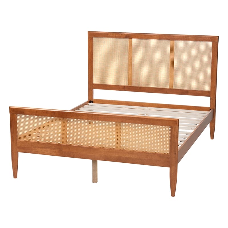 Baxton Studio Walthard Light Walnut King Platform Bed with Woven Rattan