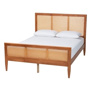 Baxton Studio Walthard Light Walnut King Platform Bed with Woven Rattan