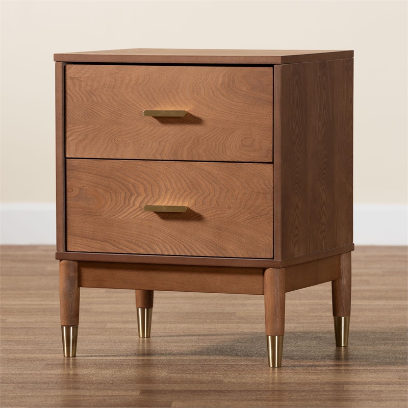 Baxton Studio Mandolin Mid-Century Ash Walnut Wood 2-Drawer Nightstand
