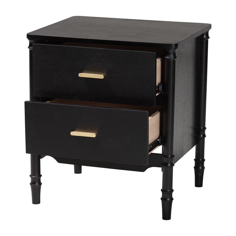 Baxton Studio Marisela Black Wood Nightstand with Gold Handles - 2-Drawer Table