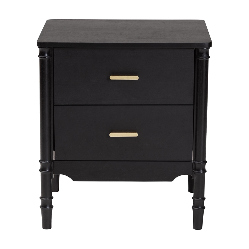 Baxton Studio Marisela Black Wood Nightstand with Gold Handles - 2-Drawer Table