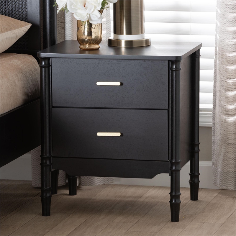 Baxton Studio Marisela Black Wood Nightstand with Gold Handles - 2-Drawer Table