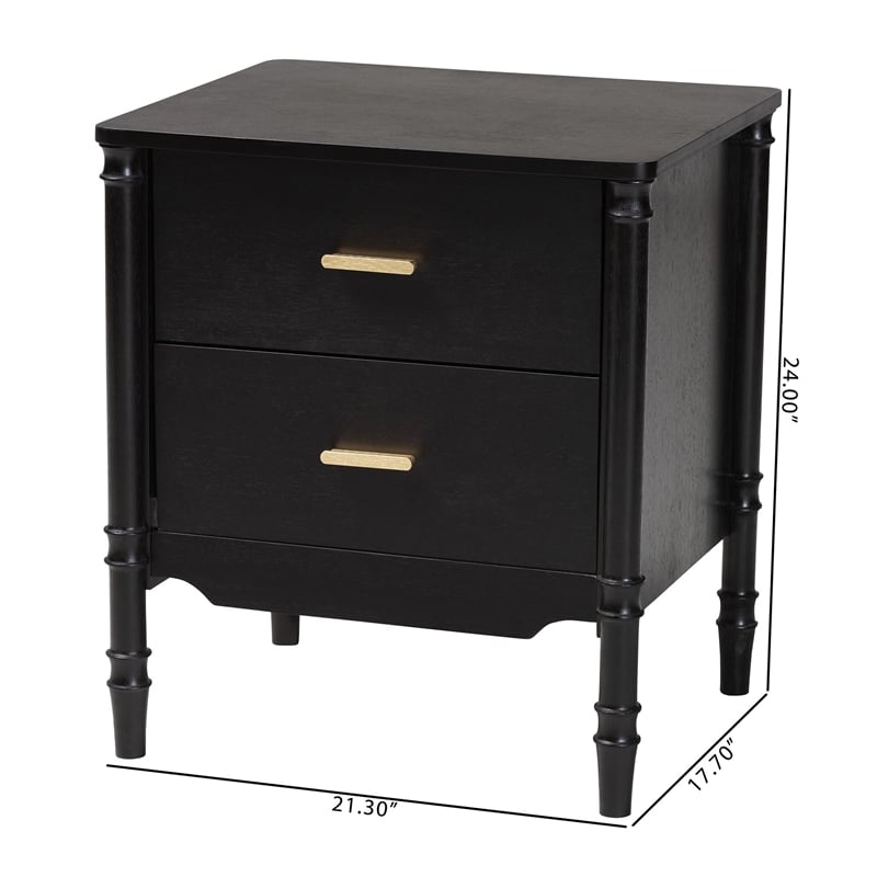 Baxton Studio Marisela Black Wood Nightstand with Gold Handles - 2-Drawer Table