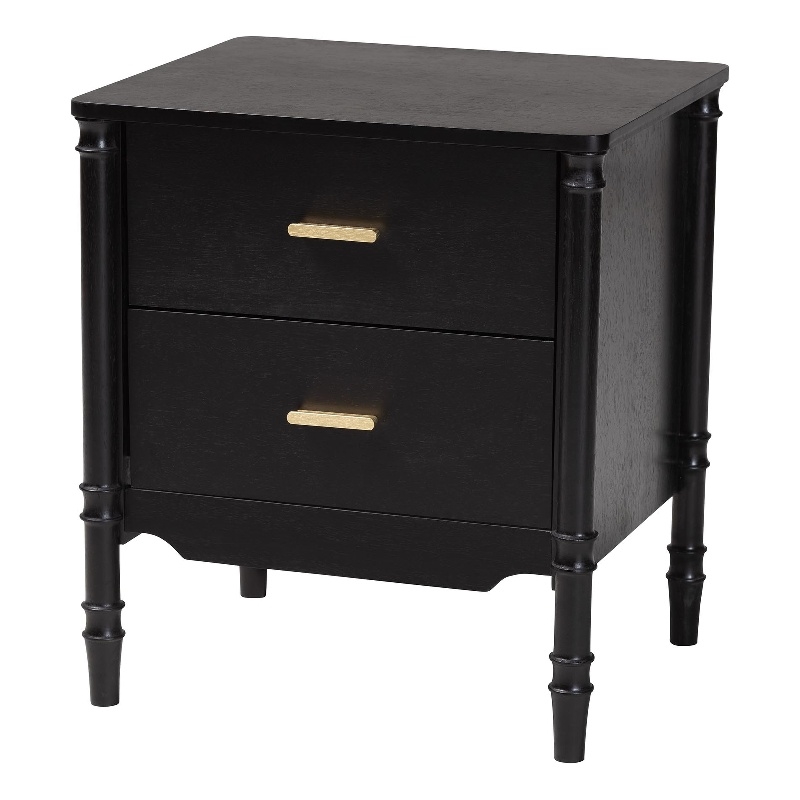 Baxton Studio Marisela Black Wood Nightstand with Gold Handles - 2-Drawer Table