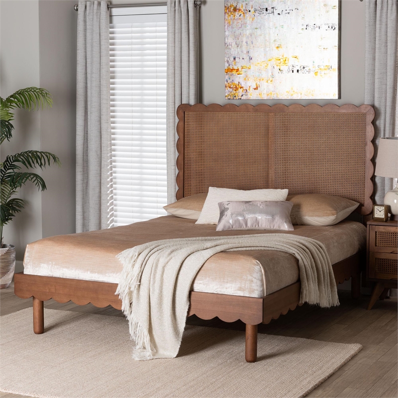 Baxton Studio Orianthe Platform Bed with Rattan Headboard Queen Size