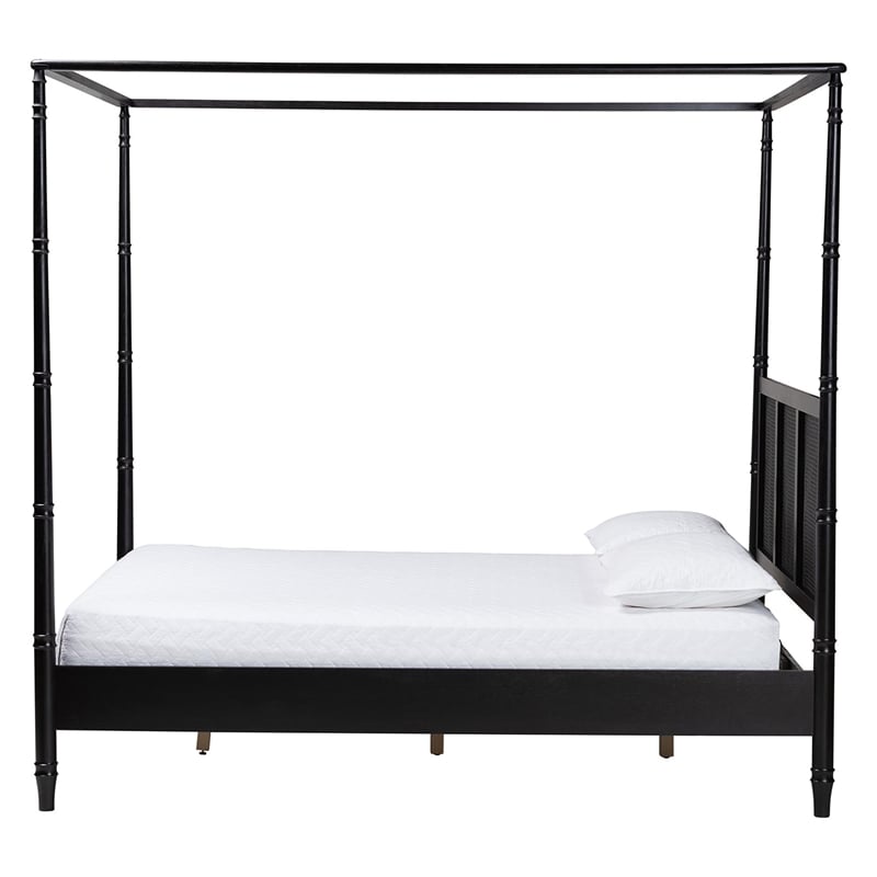 Baxton Studio Marisela Bed with Rattan Headboard Black Wood Frame Queen Size
